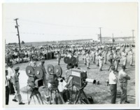 Crowds and television cameras wait for President John F. Kennedy during his second visit to Huntsville.