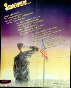 "Somewhere...a bugle softly sounds. The message of renown, And some inside their buildings wait Until the flag comes down. And others run to get their cars Quite harrowed or dismayed, Afraid that they will not reach the gate Before retreat is played. Not thinking of the flag or those Who fought to keep it flying. How many would be glad to stand, Whose bodies now are mute, Or have no hand that they might raise And stand in proud salute. So accept it not as duty But a privilege even more And receive it as an honor Instead of just a chore. "