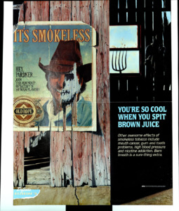 "You're so cool when you spit brown juice; Other awesome effects of smokeless tobacco include mouth cancer, gum and tooth problems, high blood pressure and nicotine addiction. Barn breath is a sure-thing extra."