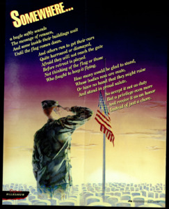 "Somewhere...a bugle softly sounds. The message of renown, And some inside their buildings wait Until the flag comes down. And others run to get their cars Quite harrowed or dismayed, Afraid that they will not reach the gate Before retreat is played. Not thinking of the flag or those Who fought to keep it flying. How many would be glad to stand, Whose bodies now are mute, Or have no hand that they might raise And stand in proud salute. So accept it not as duty But a privilege even more And receive it as an honor Instead of just a chore. "
