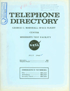 "George C. Marshall Space Flight Center Mississippi Test Facility Telephone directory 1968."