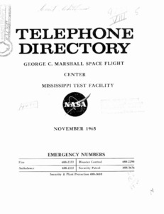 "George C. Marshall Space Flight Center Mississippi Test Facility Telephone directory 1965."