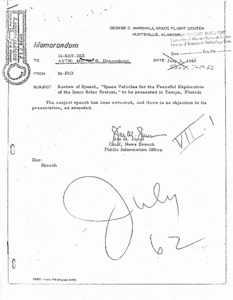 Space vehicles for the peaceful exploration of the inner solar system; Memorandum to Mr. K. K. Dannenberg from Joe M. Jones.