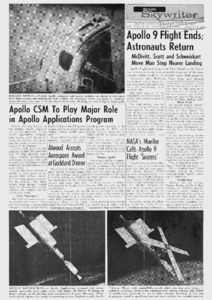 "Apollo 9 flight ends; Astronauts return."