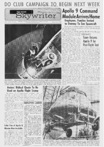 "Apollo 9 command module arrives home."