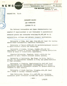 "Research grants and contracts awarded to 25 : NASA news."