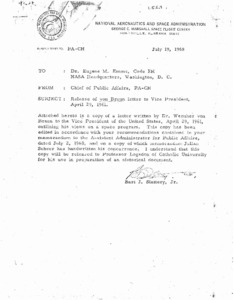 "Memorandum to Dr. Eugene M. Emme, Code EH, NASA Headquarters, Washington, D. C. from Bart J. Slattery, Jr., Chief of Public Affairs."