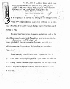 "Procurement programs of Marshall Space Flight Center as related to DOD procurement and Space Administration support by DOD activities."