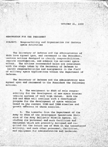 "Memorandum for the president: Responsibility and organization for certain space activities."
