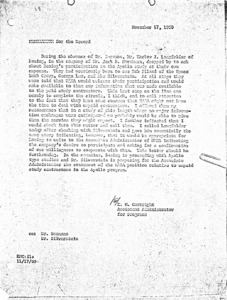 "Memorandum for the record, from E. M. Cortright, Assistant Administrator for Programs."