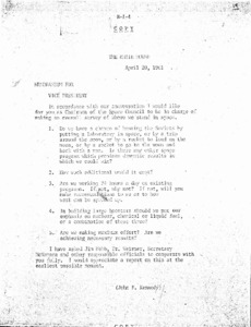 "Memorandum for the Vice President from (John F. Kennedy)."