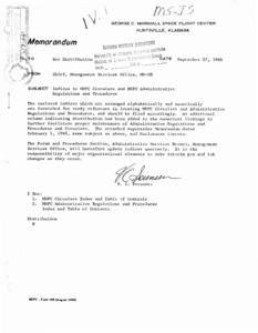 "Memorandum: Indices to MSFC circulars and MSFC Administration regulations and procedures from Chief Management Services Office."