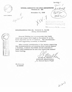 "Memorandum for Dr. Thomas O. Paine, Acting Director from George E. Mueller, Associate Administrator for Manned Space Flight, dated November 11, 1968."