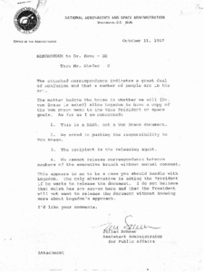 "Memorandum to Dr. Emme - EH through Mr. Shafter - G from Julian Scheer, Assistant Administrator for Public Affairs, National Aeronautics and Space Administration."