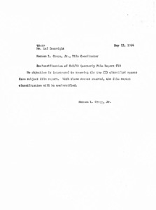"Memorandum to Mr. Hal Seawright, TS-PP, from Norman L. Cropp, Jr., Film Coordinator.  Declassification of S-I/IB quarterly film report #18."