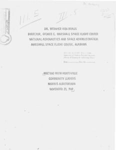 "Meeting with Huntsville community leaders, Morris Auditorium."