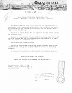 "Films List : NASA Motion Picture Film Service Area Five: Alabama - Kentucky - Louisiana - Mississippi - Tennessee."