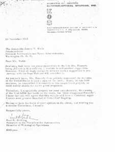 Letter to the Honorable James E. Webb, Administrator, National Aeronautics and Space Administration from Kurt R. Stehling.