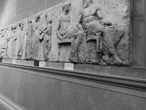 The British Museum currently has 247 feet (75 m.) of the original Parthenon frieze within their permanent collection. The frieze was the sculpted high-relief, which adorned the upper part, or naos of the Parthenon. The marble frieze, which dates c. 438- 432 BC, depicts a Panathenaic procession.