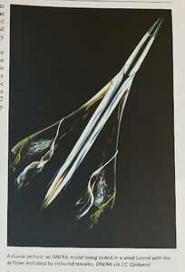 A classic picture: an ONERA model being tested in a wind tunnel with the airflows indicated by colored streams. (Concorde)