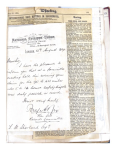 Letter from National Cyclists' Union with Shoreland's Record