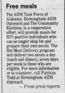 Announcement in the Birmingham Post-Herald about Meal Deliveries 