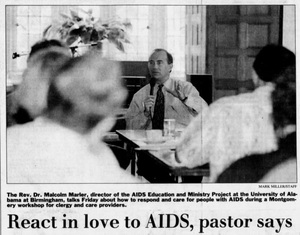 Picture of Malcolm Marler teaching an AIDS seminar in the Montgomery Advertiser