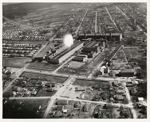 Aerial view of  Lincoln and Dallas Mills, c. 1950s.