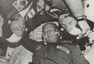 Photo of Stafford, Leonov, and Slayton together after docking