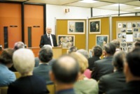Arthur Rudolph speaking at the dedication of the Willy Ley Collection at the UAH Library.