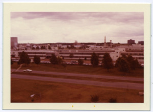 View of Marshall Space Flight Center with a Saturn I in the background.