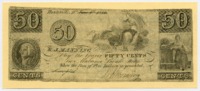 Reproduction of an 1838 fifty cent note issued by R. J. Manning in Huntsville, Alabama.