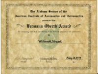 Hermann Oberth Award certificate presented to William A. Mrazek.