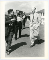 Photo of Ernst Stuhlinger speaking to the press.