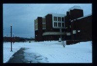 View of Roberts Hall in the snow, looking toward Spragins Hall.