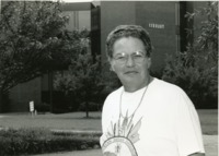 Library staff member Elizabeth Pollard outside the UAH Library.