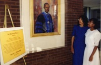 Portrait of Dr. Harold J. Wilson on display at the dedication of Wilson Hall.