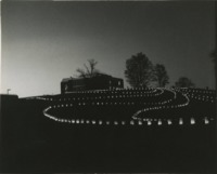 View of Roberts Hall with paper lanterns in the foreground.
