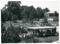 View of the stage and crowd at 1970 commencement.