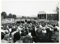 View of the crowd and stage at 1970 commencement.