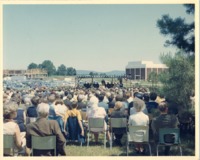 View of the crowd and stage at 1970 commencement.