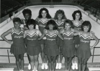 UAH cheerleaders pose at the Von Braun Center hockey arena.