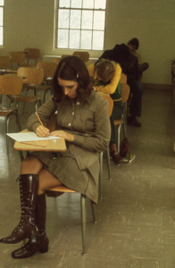 Students take a test in Morton Hall.