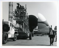 Saturn V launch tower service arm being loaded into the Super Guppy for transportation to Kennedy Space Center.