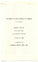 Materials related to the 1968 National Library Week open house and recognition ceremony at the UAH Library. 