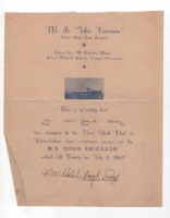 Certificate verifying John Rison Jones' return to the United States from France on the M.S. <i>John Ericsson</i>.
