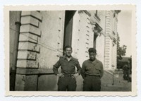 "Lt. Mike Austin - N.H. and T/Sgt. Geo. Chunfat - Hawaia, Blain, France April, '45."