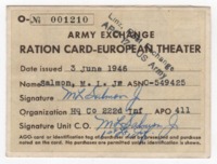 "Army Exchange Ration Card - European Theater."