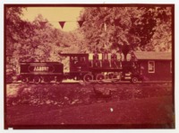 Photograph of "Albert" train ride with a banner of flags across the top of the frame.