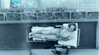 Photograph of a woman reclining on an outside balcony at the 300th General Hospital in Naples, Italy.